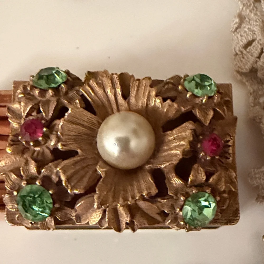 Florenza Vintage Gold Floral Jeweled Matchbox with Pearl Accent - Picture 3 of 9